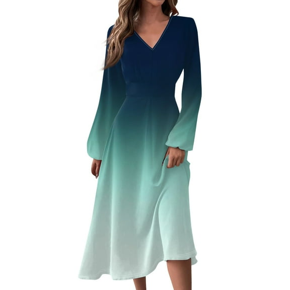 Women's Autumn Winter Casual V-Neck Long Sleeve Gradient Print Long Dress, Cyan, Size M