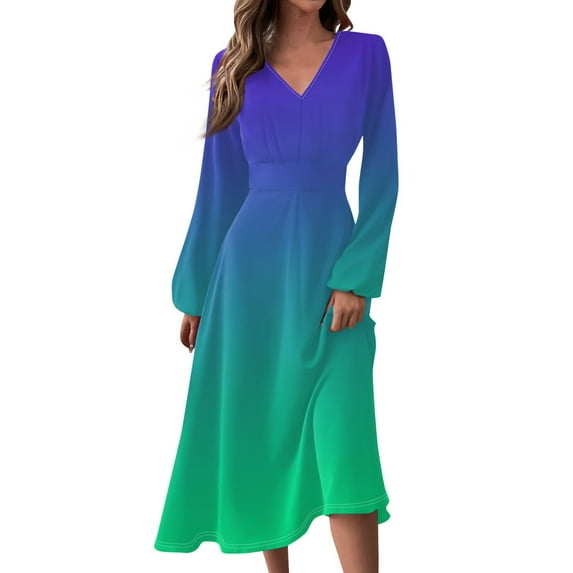 Women's Autumn Winter Casual V-Neck Long Sleeve Gradient Print Long Dress, Green, Size M