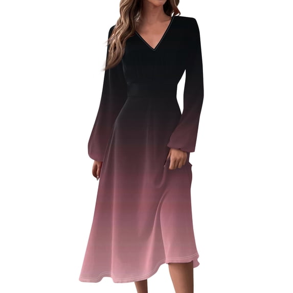 Women's Autumn Winter Casual V-Neck Long Sleeve Gradient Print Long Dress, Pink, Size XL