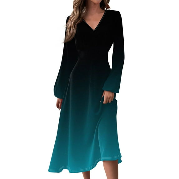 Women's Autumn Winter Casual V-Neck Long Sleeve Gradient Print Long Dress, Sky Blue, Size L