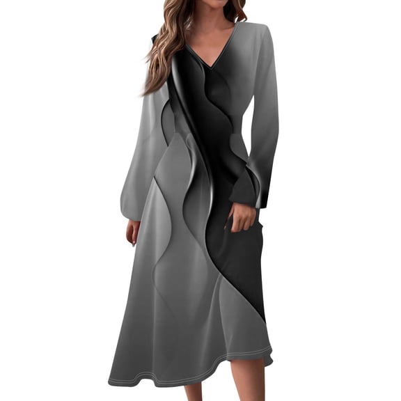 Women's Autumn Winter Casual V-Neck Long Sleeve Line Print Long Dress, Black, Size S