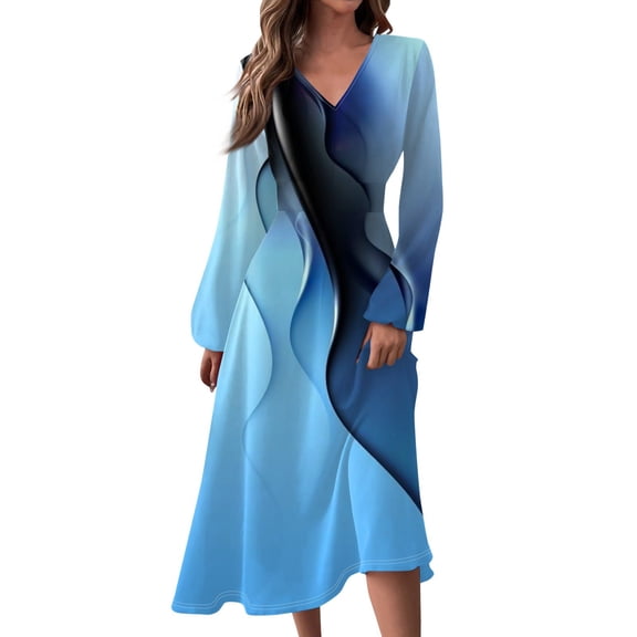 Women's Autumn Winter Casual V-Neck Long Sleeve Line Print Long Dress, Blue, Size S