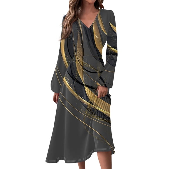 Women's Autumn Winter Casual V-Neck Long Sleeve Line Print Long Dress, Gold, Size S