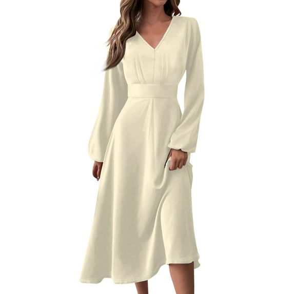 Women's Autumn Winter Casual V-Neck Long Sleeve Solid Color Long Dress, Beige, Size S