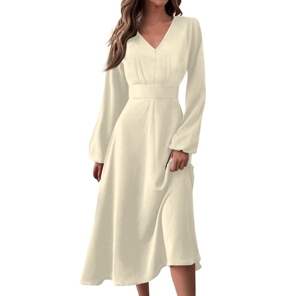 Women's Autumn Winter Casual V-Neck Long Sleeve Solid Color Long Dress, Beige, Size XXL