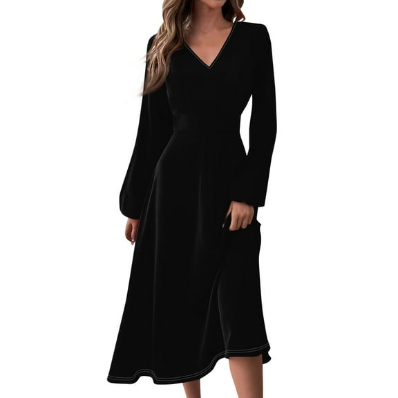 Women's Autumn Winter Casual V-Neck Long Sleeve Solid Color Long Dress, Black, Size L