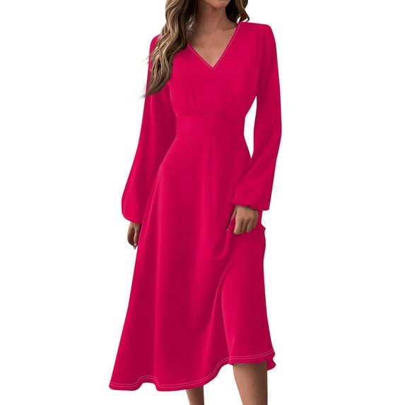 Women's Autumn Winter Casual V-Neck Long Sleeve Solid Color Long Dress, Fuchsia, Size M