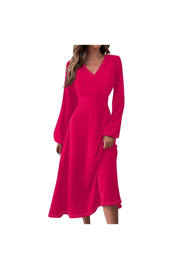 Women's Autumn Winter Casual V-Neck Long Sleeve Solid Color Long Dress, Fuchsia, Size M