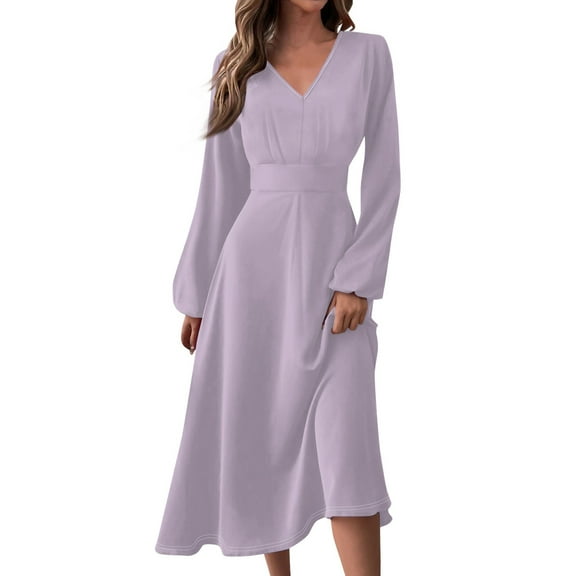 Women's Autumn Winter Casual V-Neck Long Sleeve Solid Color Long Dress, Light Purple, Size XXL