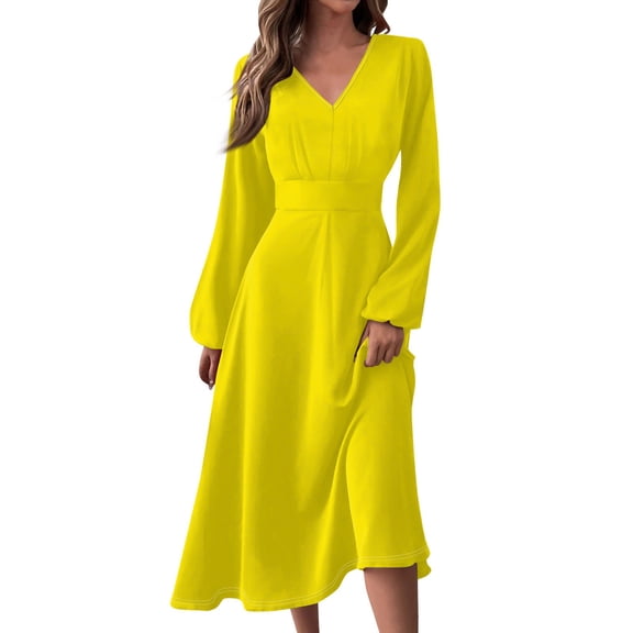Women's Autumn Winter Casual V-Neck Long Sleeve Solid Color Long Dress, Yellow, Size L