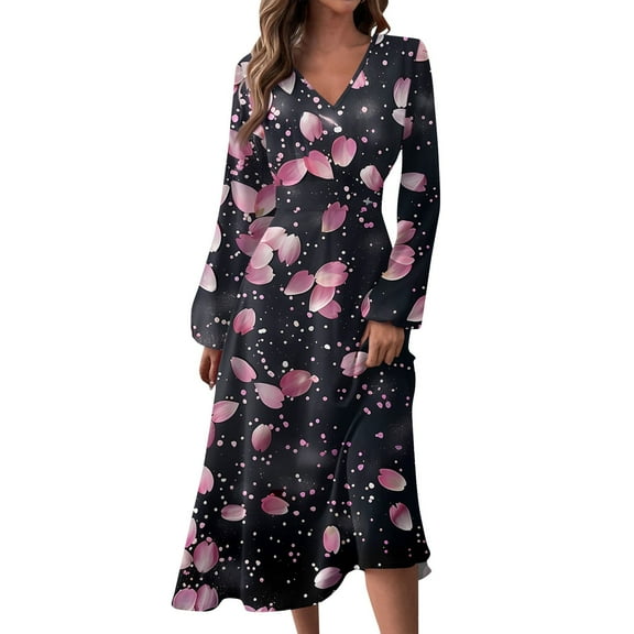 Women's Autumn Winter Casual V-Neck Long Sleeve Vintage Floral Print Long Dress, Black, Size L