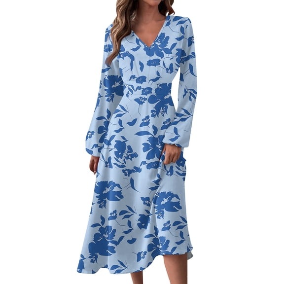Women's Autumn Winter Casual V-Neck Long Sleeve Vintage Floral Print Long Dress, Blue, Size L