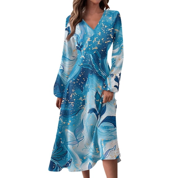 Women's Autumn Winter Casual V-Neck Long Sleeve Vintage Floral Print Long Dress, Blue, Size S