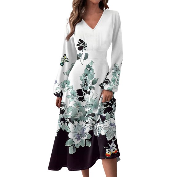 Women's Autumn Winter Casual V-Neck Long Sleeve Vintage Floral Print Long Dress, Gray, Size M