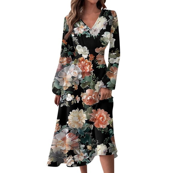 Women's Autumn Winter Casual V-Neck Long Sleeve Vintage Floral Print Long Dress, Navy Blue, Size XXL