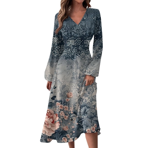 Women's Autumn Winter Casual V-Neck Long Sleeve Vintage Floral Print Long Dress, Navy Blue, Size XXL