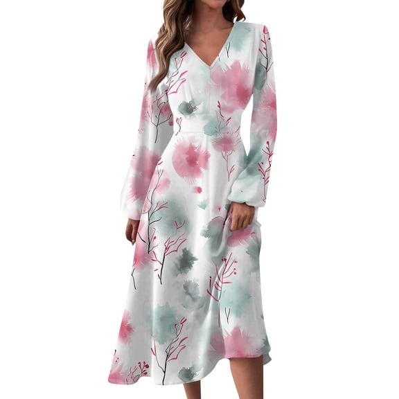 Women's Autumn Winter Casual V-Neck Long Sleeve Vintage Floral Print Long Dress, Pink, Size S