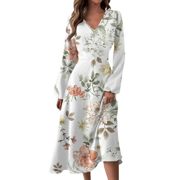 Women's Autumn Winter Casual V-Neck Long Sleeve Vintage Floral Print Long Dress, White, Size L