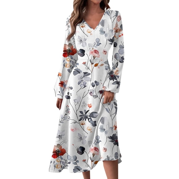Women's Autumn Winter Casual V-Neck Long Sleeve Vintage Floral Print Long Dress, White, Size XXL