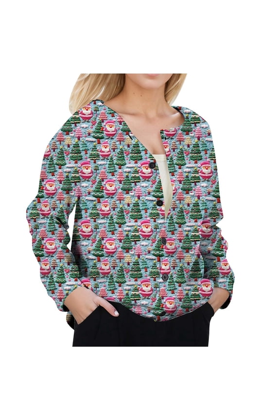Women's Autumn Winter Christmas Printed Cardigan Long Sleeve Button Front Casual Jacket Cozy Soft Comfortable Stylish Outerwear