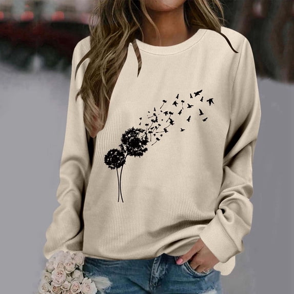 Women's Autumn And Winter Dandelion Print Thick Needle Round Neck Shoulder Down Long Sleeved Casual Pullover Sweatshirt Jacket Women Binding Fall Outfits Women Boys Size Two Short Outfits Extra Large