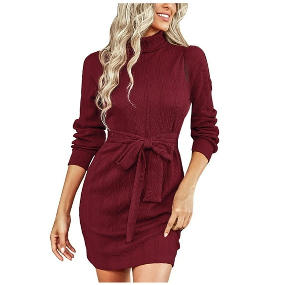 Women's Autumn Winter Dresses Casual Long Sleeve Turtleneck Short Mini Sweater Dress Belted Tunic Knit Bodycon Dress