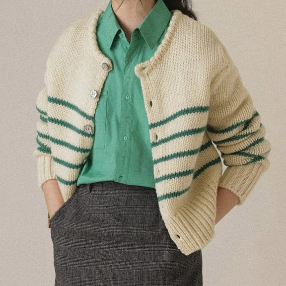 Women's Autumn And Winter Elegant Retro Button Cardigan Loose Striped Knitted Cardigan Jacket Sweater Fall Sweaters for Women plus Size Cardigan Jacket for Women Animal Print Kimonos for Women Womens