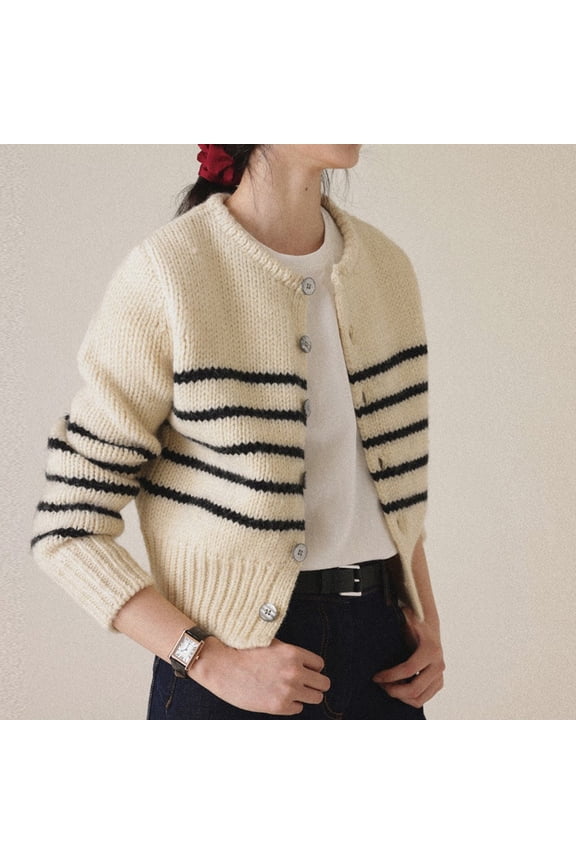 Women's Autumn And Winter Elegant Retro Button Cardigan Loose Striped Knitted Cardigan Jacket Sweater Fall Sweaters for Women plus Size Cardigan Jacket for Women Animal Print Kimonos for Women Womens