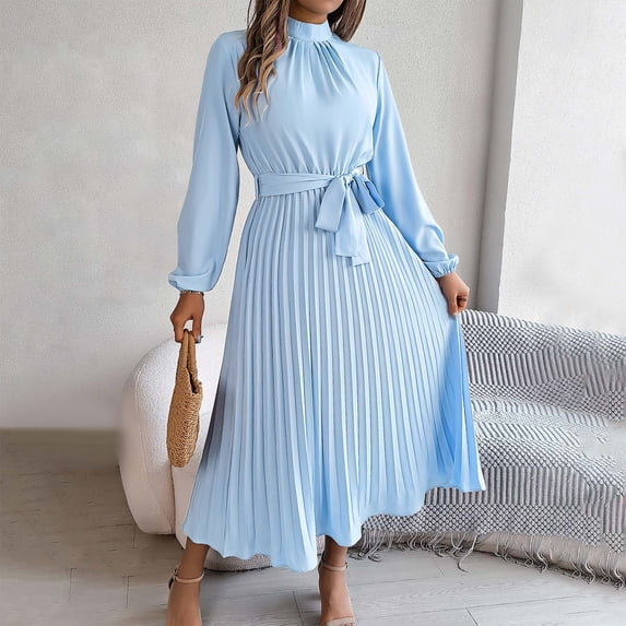Women's Autumn And Winter Elegant Stand Collar Long Sleeve Waist Pleated Long Dress Dress Women Dresses Semi Formal Ladies Suit Two Piece Long Skirt Outfits for Women Bathing Suit Skirts Long Woman