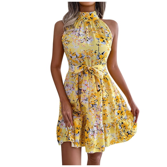 Women's Autumn Winter Fashion Long Sleeve Floral Print Tie-Waist Casual Shirt Dress with Flounces, Yellow, Size S