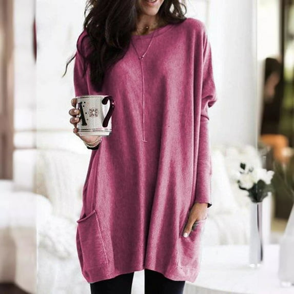 Women's Autumn/Winter Fashion Long Sleeve Loose Fit Pocket Puff Sleeve Solid T Shirt Women Shirts Long Sleeve Work Out Shirt Long Sleeve Women Shirts with Women Tee Shirts Pack Long Fitted Shirts for