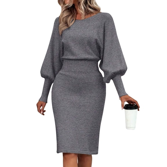 Women's Autumn Winter Fashion Sexy Slim Waisted Hip-Hugging Dating Long-sleeved Dress, Gray, Size XL