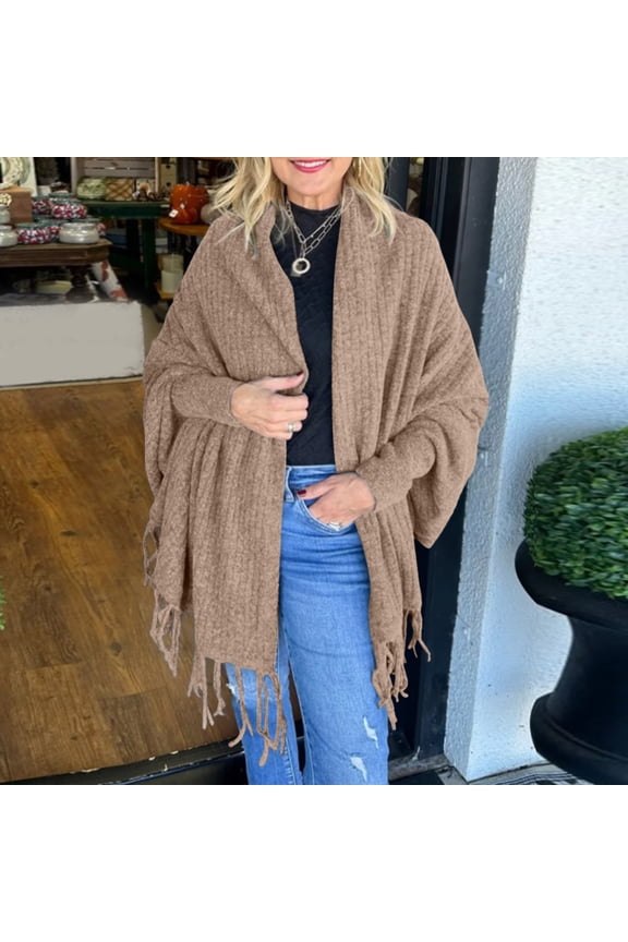 Women's Autumn And Winter Fashion Solid Color Knitted Fringed Cape Cardigan Coat Womens Button up Cardigan Sweaters Lime Cardigans for Women Open Cardigan plus plus Size Women's Sweater Cardigan