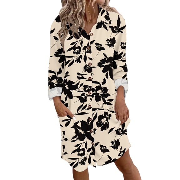 Women's Autumn Winter Fashion Temperament Button Lapel Pocket Long-sleeved Retro Print Dress, Beige, Size M