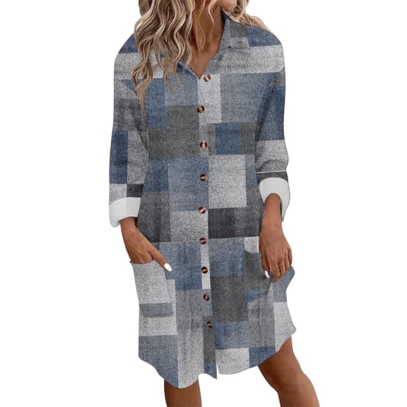 Women's Autumn Winter Fashion Temperament Button Lapel Pocket Long-sleeved Retro Print Dress, Gray, Size M