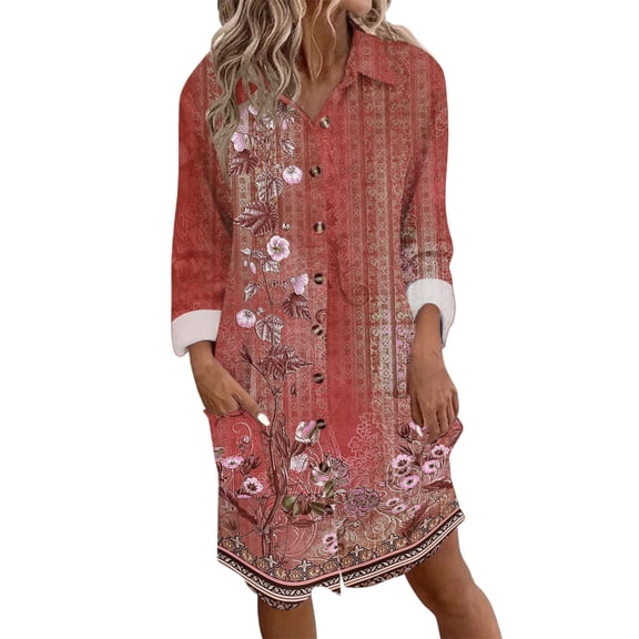 Women's Autumn Winter Fashion Temperament Button Lapel Pocket Long-sleeved Retro Print Dress, Red, Size L