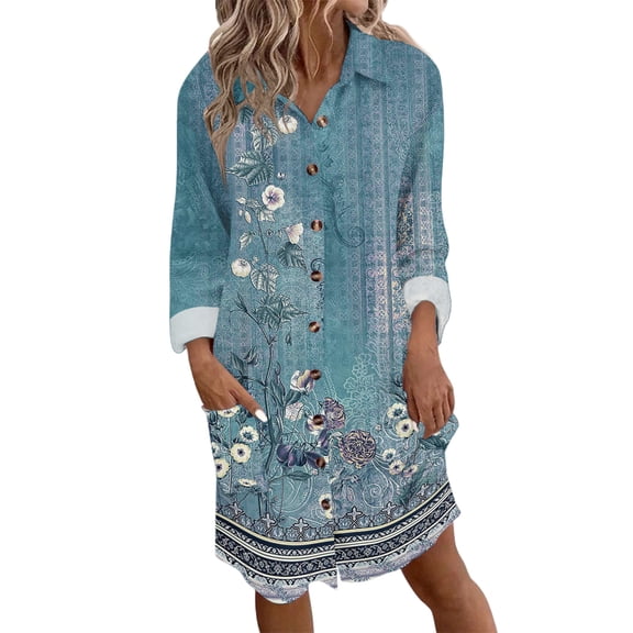 Women's Autumn Winter Fashion Temperament Button Lapel Pocket Long-sleeved Retro Print Dress, Sky Blue, Size S