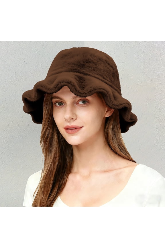 Women's Autumn Winter Faux Fur Fisherman Hat, Ruffled Brim Bucket Hat with Solid Color Design, Plush Warm Sun Hat for Outdoor Protection, Elegant Wide Brimmed Cap for Cold Weather - Brown