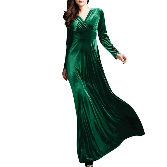 Women's Autumn Winter Gold Velvet V-Neck Solid Color Long-sleeved Party Dress, Green, Size XXXL