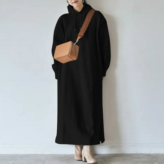 Women's Autumn And Winter Hooded Bottomed Sweater Plus Size Straight Pocket Loose Long Dress V Neck Maxi Dresses plus Size Shirt Dress Petite Casual Dresses for Summer Casual Summer Summer Dresses