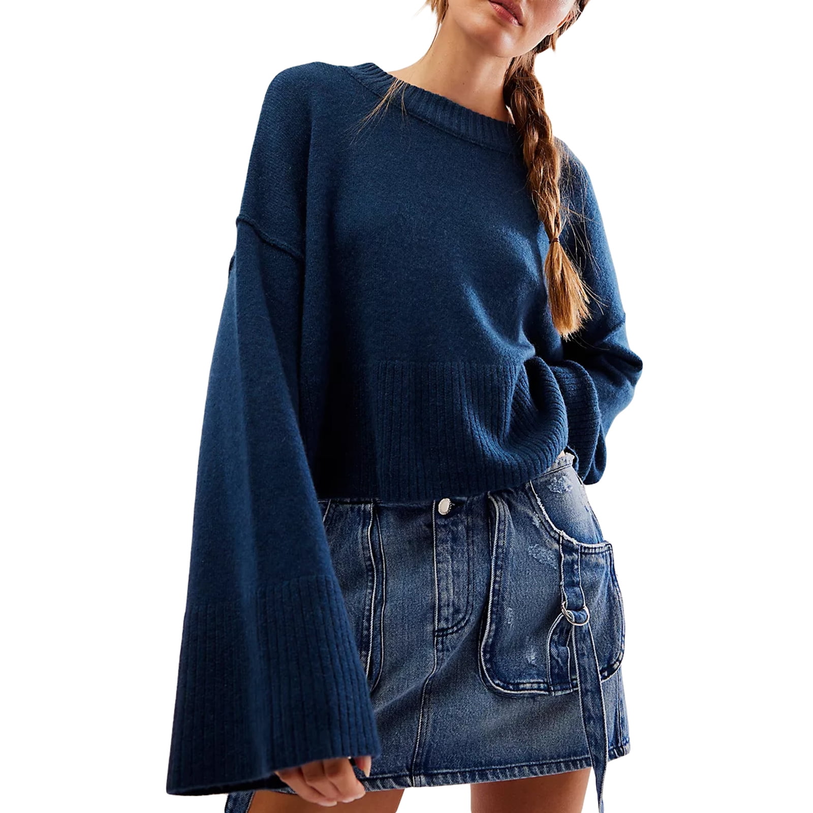 Loose Knitting Solid Color Flared Long Sleeves Sweater Tops Loose Knitting Solid Color Flared Long Sleeves Sweater Tops