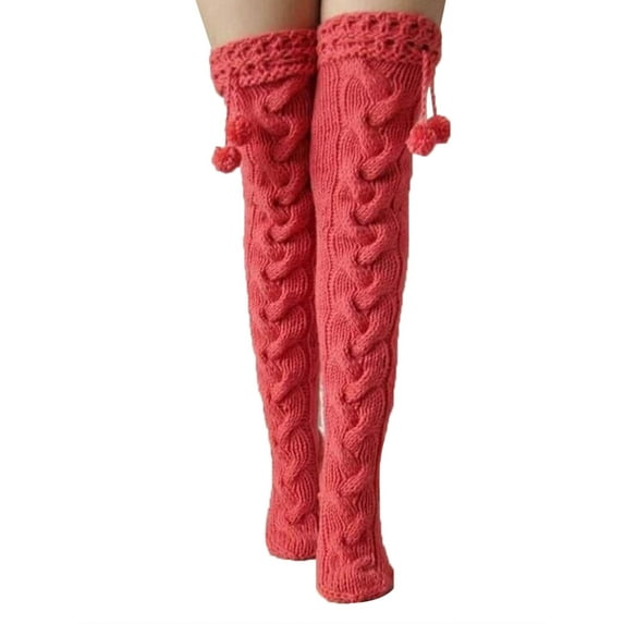 Women's Autumn Winter Knitted Socks, Solid Color Pompom Floor Socks, Over Knee Tight Stockings
