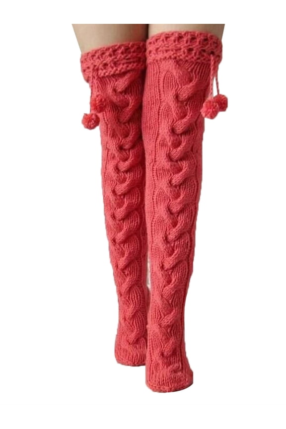 Women's Autumn Winter Knitted Socks, Solid Color Pompom Floor Socks, Over Knee Tight Stockings