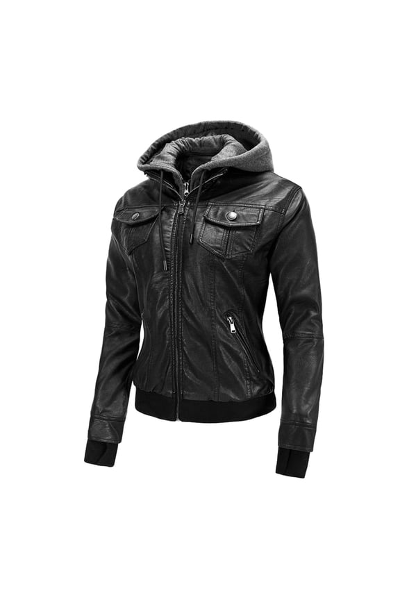 Women's Autumn/Winter Leather Jacket Short Cropped Hoodie Detachable Lined Moto Jacket Gear Coat Duster Winter Coat Women Raincoat for Women Wool Winter Coats for Women down Coat down Coat Open Trench