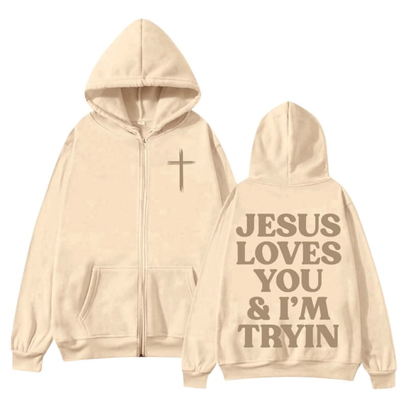 Women's Autumn Winter Letter Print Hooded Jacket with Zipper Pockets and Drawstring for Cozy Comfort