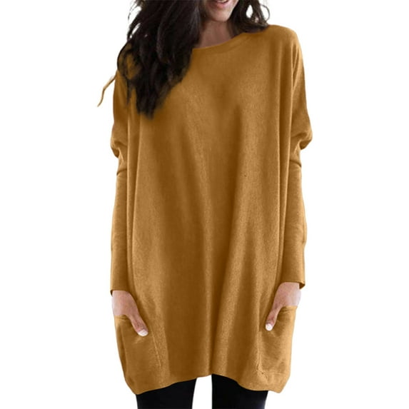 Women's Autumn/Winter Long Sleeve Loose Fit Pocket Puff Sleeve T-Shirt - Round Neck, Trendy Design, Solid Color for Cool Season Comfort