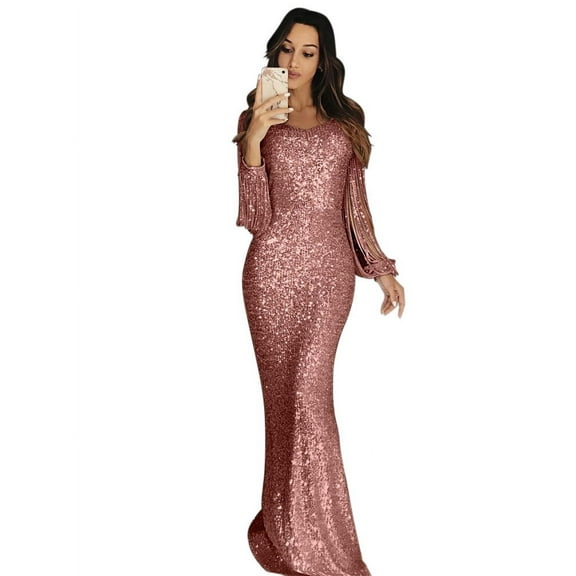 VERTEX&KAIBIN Women's Autumn Winter Long Sleeve Sequin Fringe V-Neck Floral Print Evening Gown