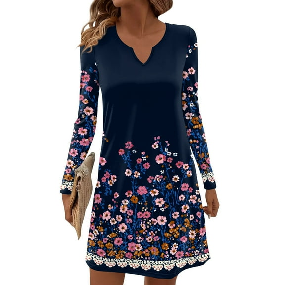 Women's Autumn Winter Long-sleeved Casual V-Neck Floral Print Midi Dress, Pocket-Free, Navy Blue, Size L