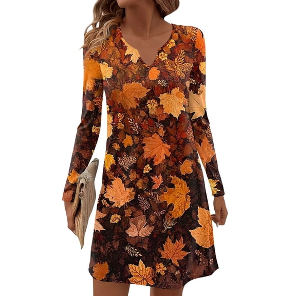 Women's Autumn Winter Long-sleeved Casual V-Neck Floral Print Midi Dress, Pocket-Free, Orange-Yellow, Size L