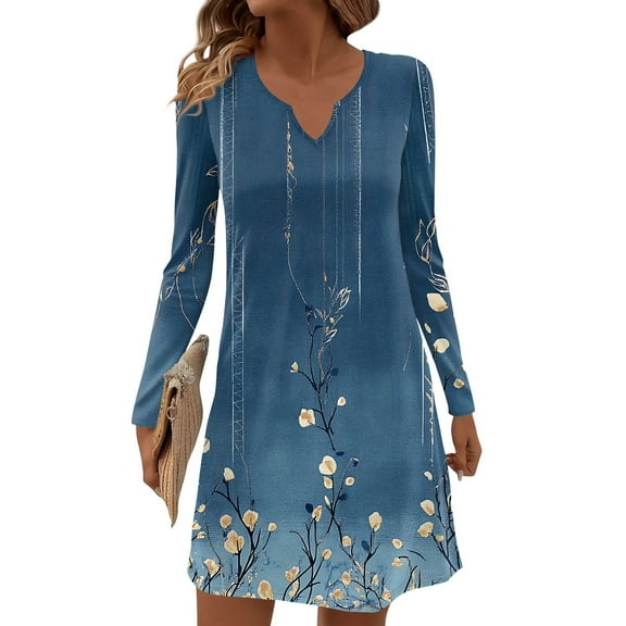Women's Autumn Winter Long-sleeved Casual V-Neck Midi Dress with Floral Print, Pocket-Free, Dark Blue, Size M